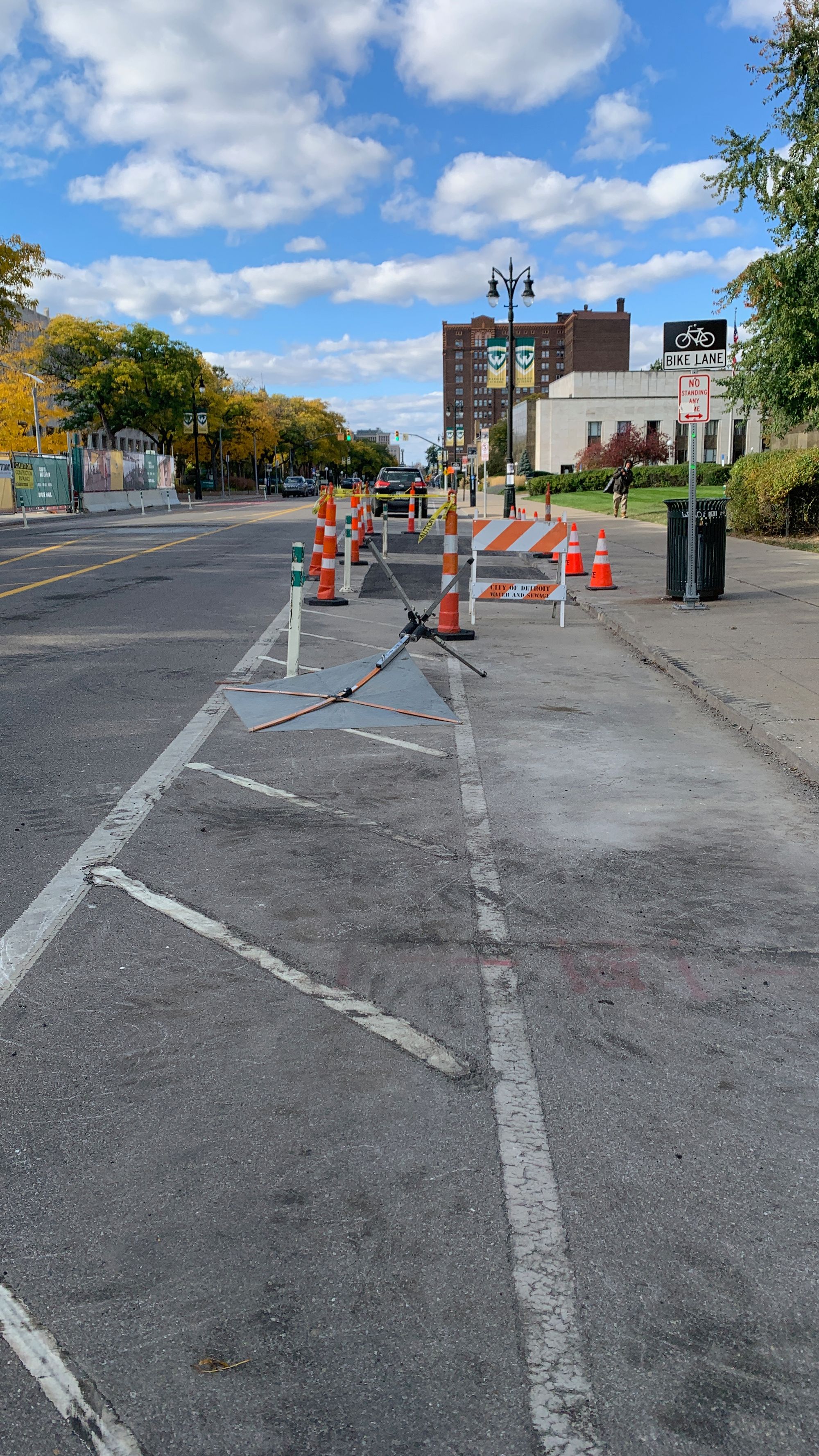 Construction barriers block a bike lane on Cass Avenue in midtown Detroit.