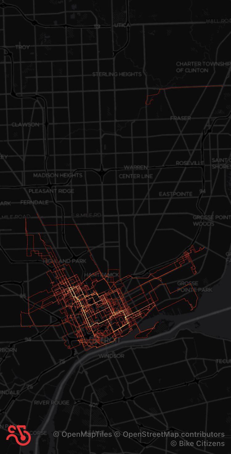 A map of Detroit and vicinity showing bike trips taken in 2022.
